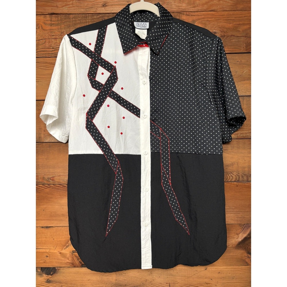 Susan Christopher Vtg Shirt Womens Medium Polka Dot Colorblock Beaded Button Up